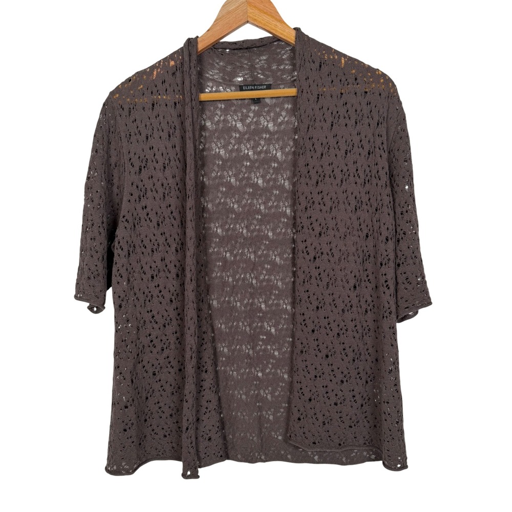 Eileen Fisher Cardigan Women Large Brown Wool Lace Knit Open Front Elbow Sleeve